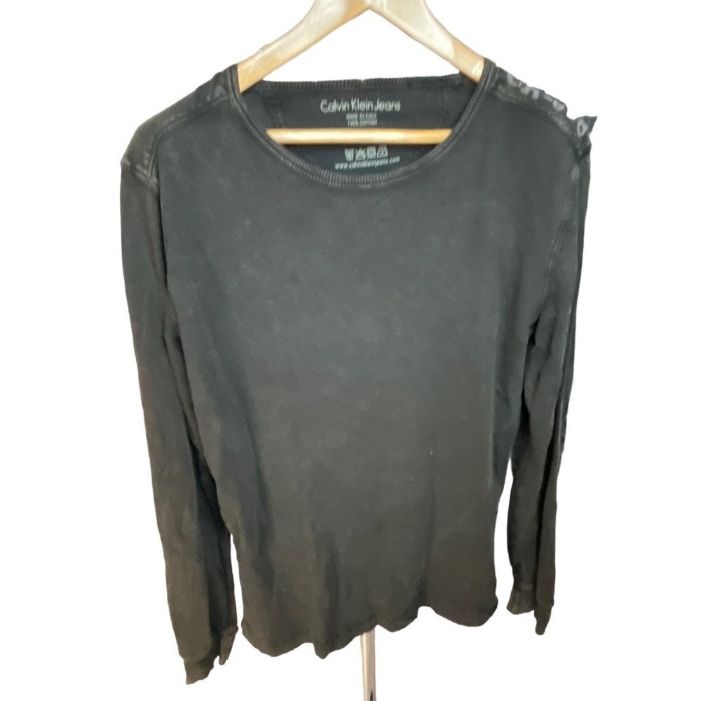Calvin Klein Jeans Black Thermal Elbow Patch Crew Neck Pullover Shirt Sz L